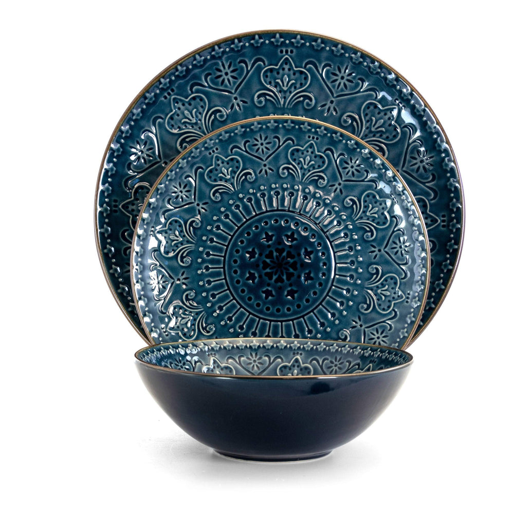 Deep Ocean Mandala 16 Piece Round Stoneware Dinnerware Set Blue Textured - Diamond Home USA
