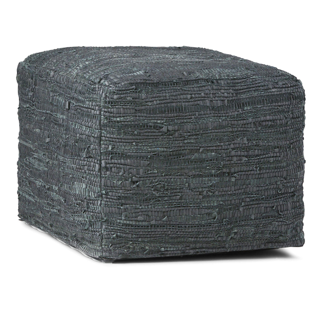 SIMPLIHOME Fredrik Square Pouf Foosool Upholsered in Grey Woven Leaher for