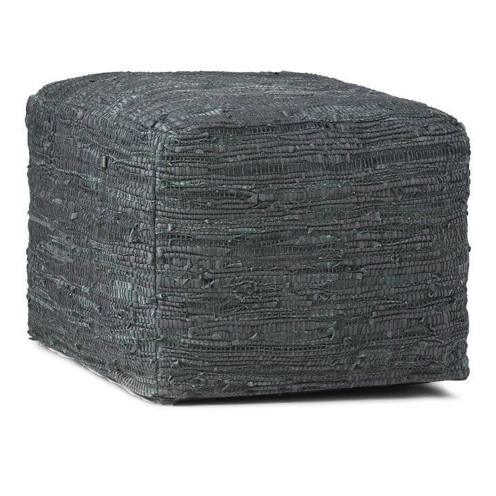 SIMPLIHOME Fredrik Square Pouf Foosool Upholsered in Grey Woven Leaher for