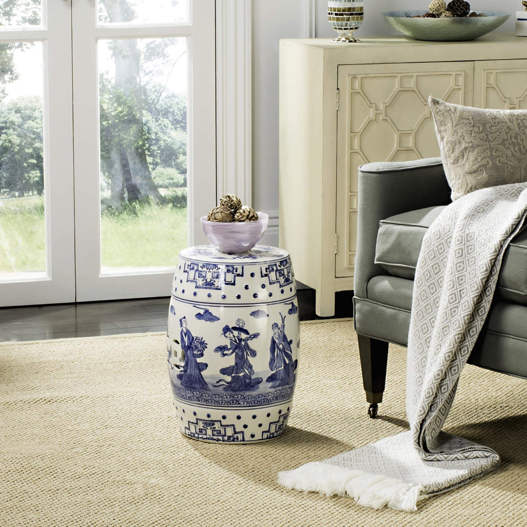 Ocean Jewel Chinoiserie Blue Garden Stool Transitional Ceramic Handmade