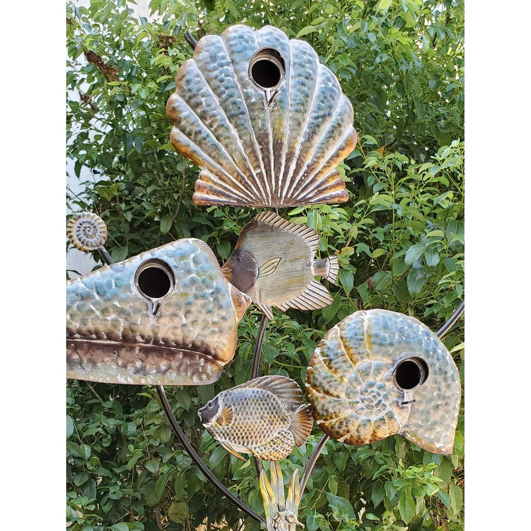 Coastal Style Birdhouse Stake - Seashells Grey Iron - Diamond Home USA