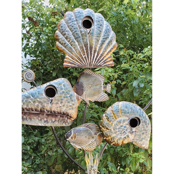 Coastal Style Birdhouse Stake - Seashells Grey Iron - Diamond Home USA