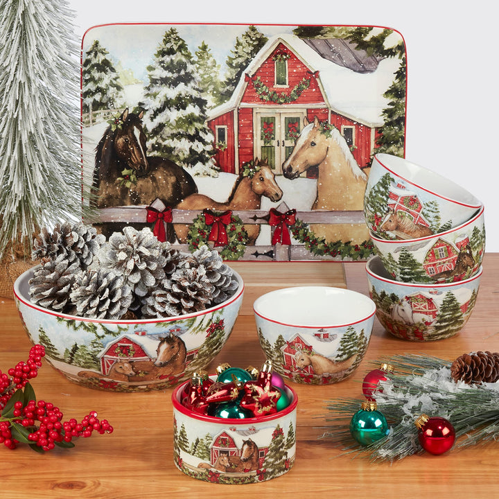 Christmas 13" X 3" Serving Bowl Green Multi Color Red Holiday Farmhouse Modern - Diamond Home USA