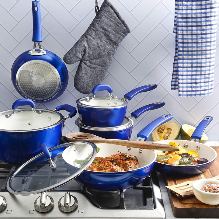 Ceramic Coated Nonstick Cookware Set- Blue 12 Piece Induction Safe - Diamond Home USA