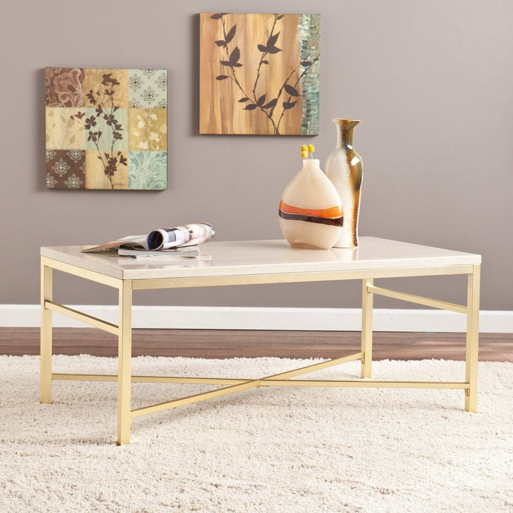 Stone Coffee/Cocktail Table - 42" X 18" Beige Gold Glam Rectangle Iron MDF - Diamond Home USA