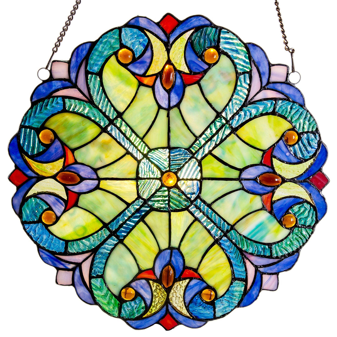 Mini Halston Glass 12-inch Panel - Blue Cream Green Orange Traditional Round - Diamond Home USA