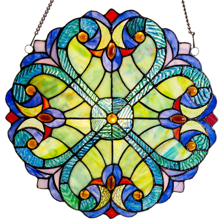 Mini Halston Glass 12-inch Panel - Blue Cream Green Orange Traditional Round - Diamond Home USA