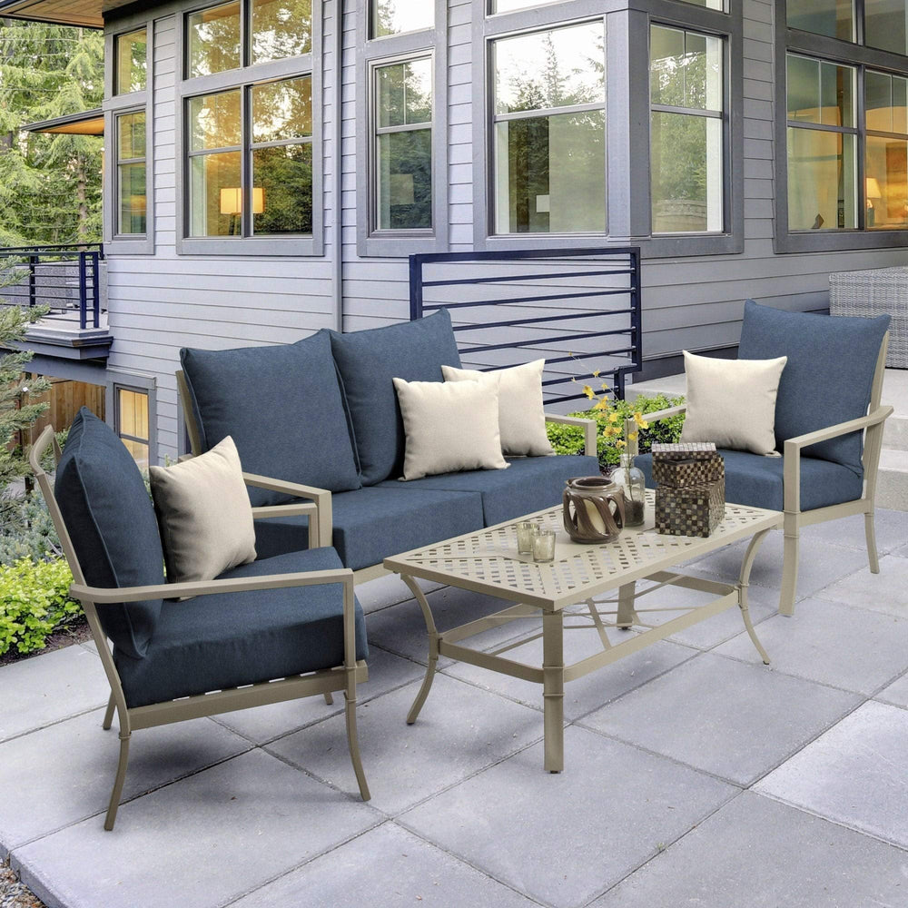 Denim Texture Outdoor Deep Seat Set Blue Solid Transitional Olefin Uv Resistant - Diamond Home USA