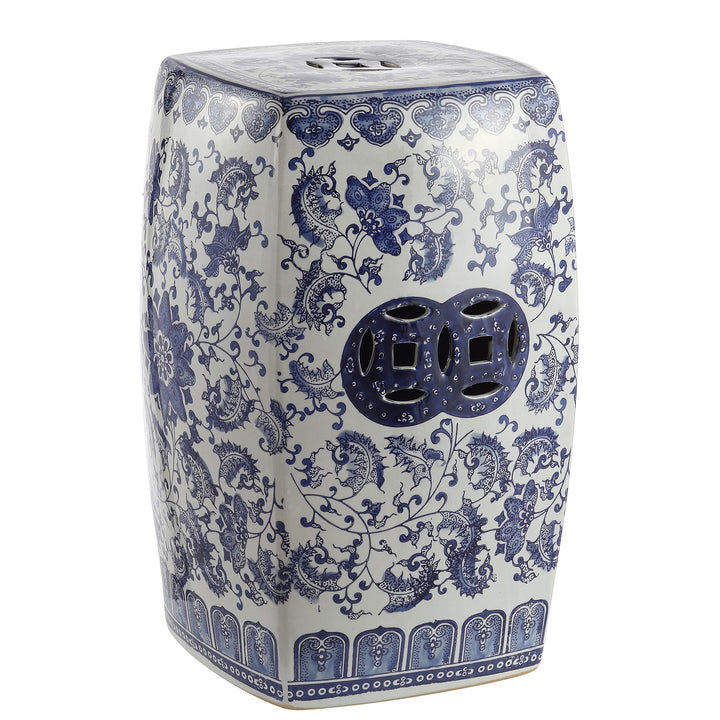 Floral Vine 18.5" Chinoiserie Square Garden Stool Blue/White Blue White Bohemian