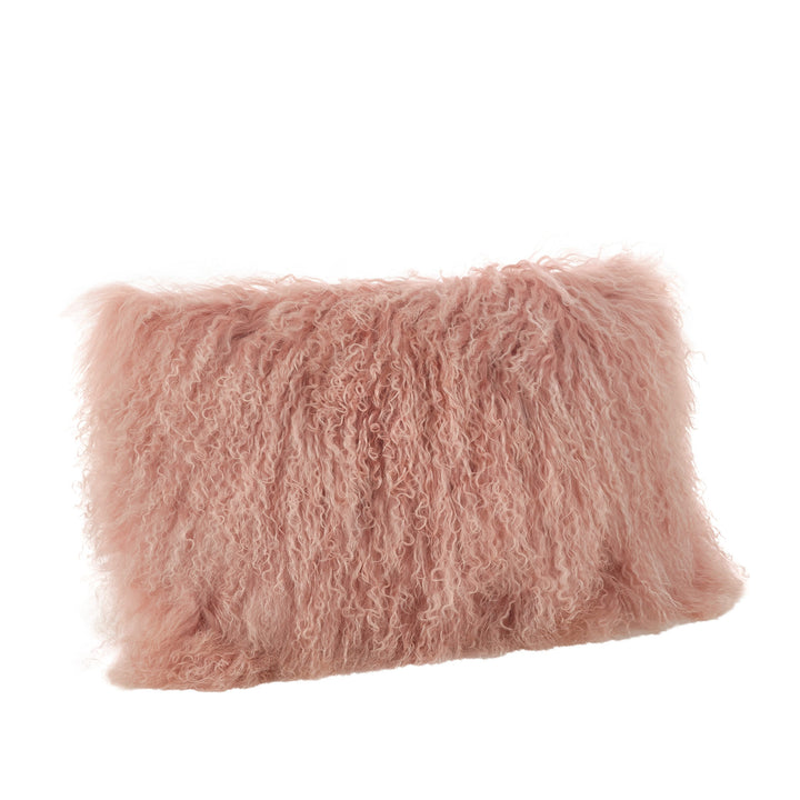 SARO LIFESTYLE 100% Wool Mongolian Lamb Fur Throw Pillow with Poly Filling 12" x 12"x20" - Rose