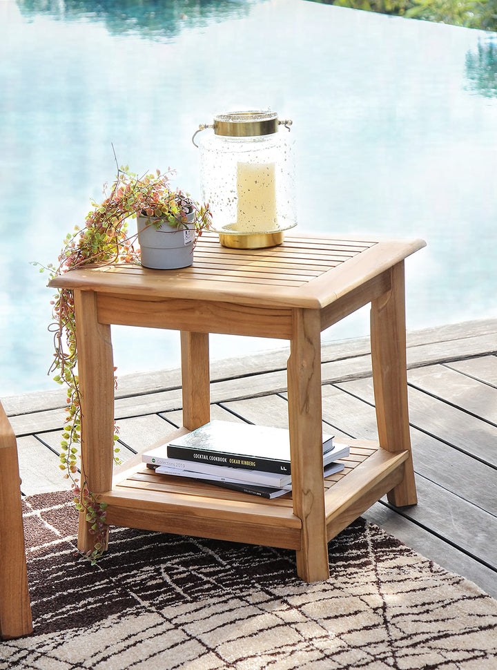 Cambridge Casual Wood Mosko Square Side Table with Shelf Natural Teak - Diamond Home USA