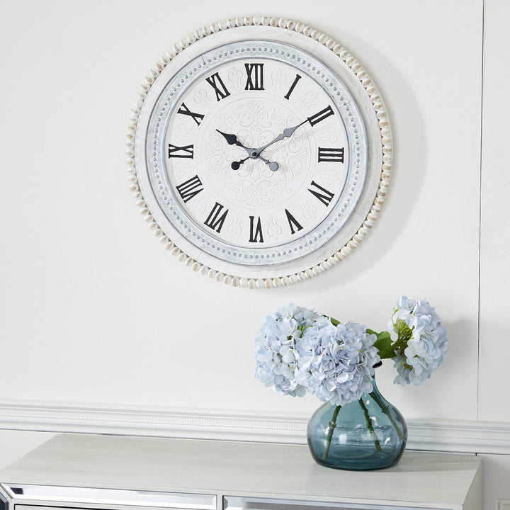 Round Distressed White and Grey Wood Wall Clock with Beaded Textured Rim " X - Diamond Home USA