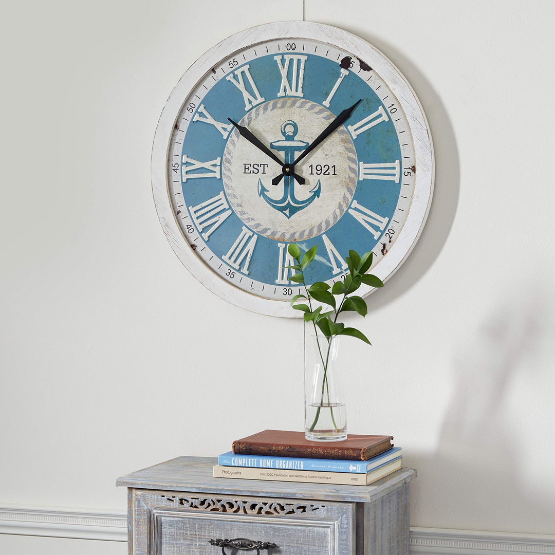Large Round Blue and White Anchor Wood Wall Clock with Distressed Rim 3.75" X - Diamond Home USA