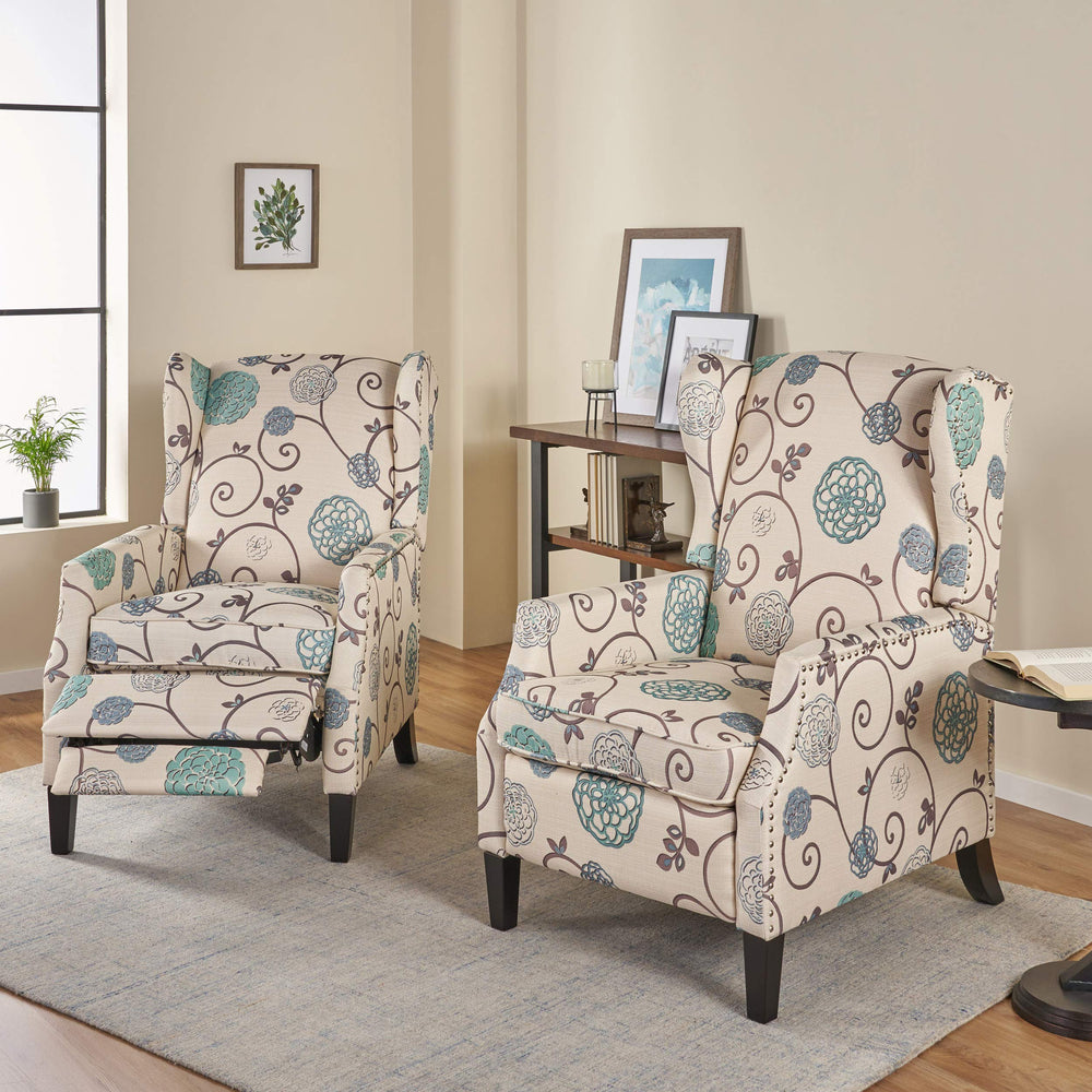 Christopher Knight Home Ellyn abric Recliner (Set of 2) Light Beige with Blue - Diamond Home USA