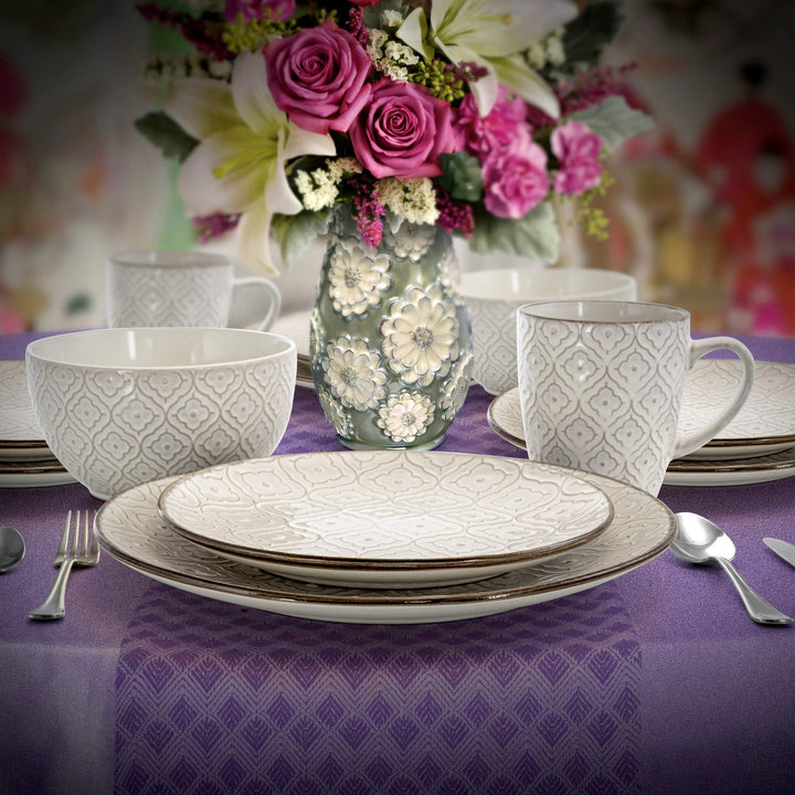 White 16 Piece Stoneware Dinnerware Set Textured Casual Round Microwave Safe