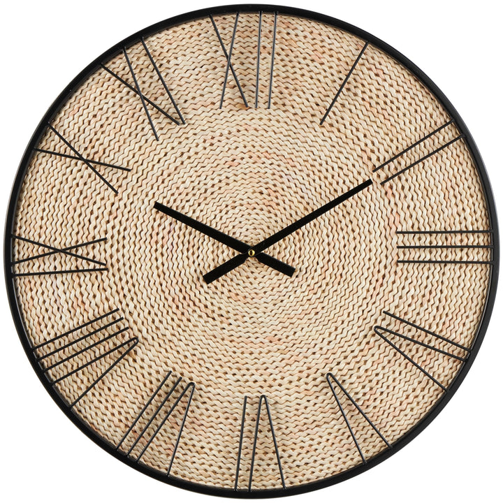 Brown Dried Plant Coiled Wall Clock with Black Metal Frame Rattan
