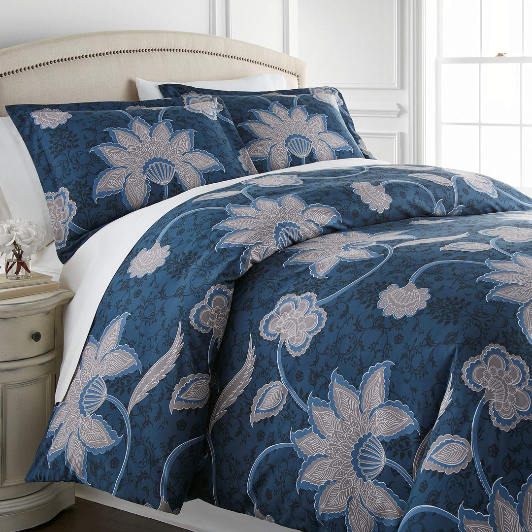 2 Piece Blue Grey Black Floral Boho Chic Duvet Cover Twin/Twin XL Set Flower Blue - Twin - Twin XL