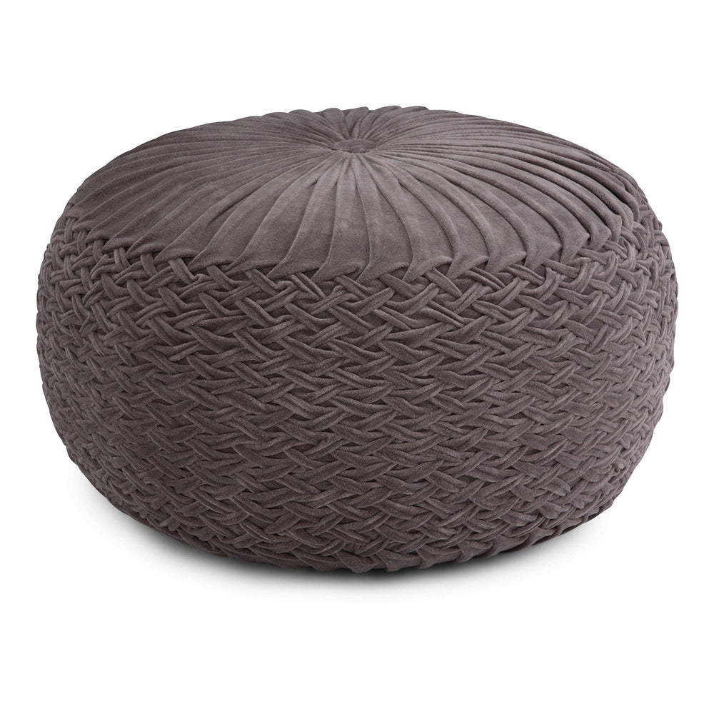 Transitional Round Pouf in Grey Velvet Traditional Solid Cotton Handmade - Diamond Home USA