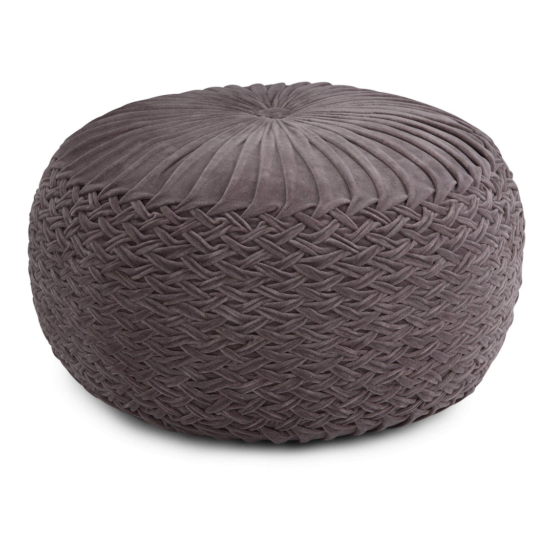 Transitional Round Pouf in Grey Velvet Traditional Solid Cotton Handmade - Diamond Home USA