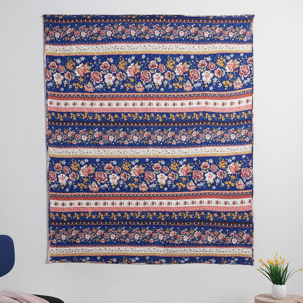 Cotton-Rich Reversible Throw Blanket Blue Pink White Border Floral Striped - Diamond Home USA