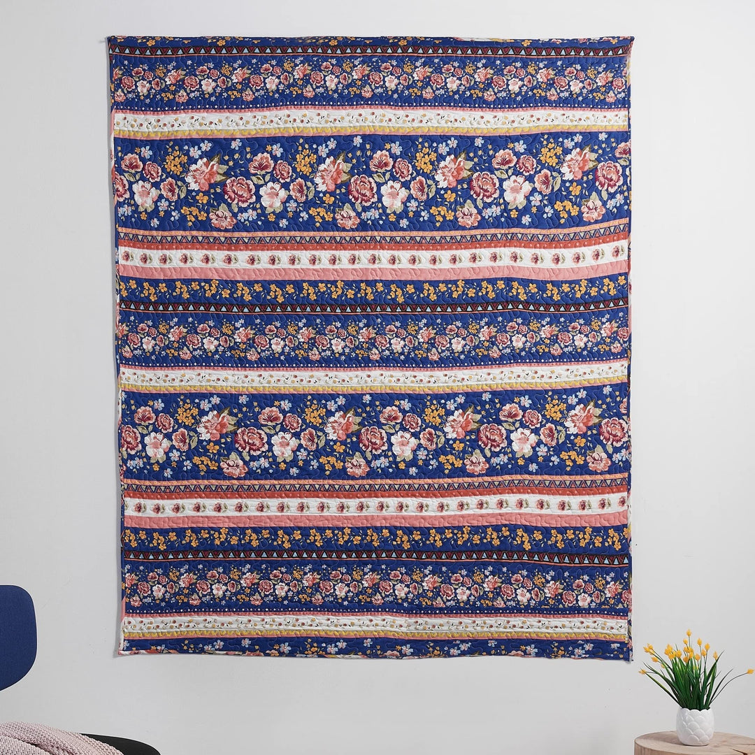 Cotton-Rich Reversible Throw Blanket Blue Pink White Border Floral Striped - Diamond Home USA