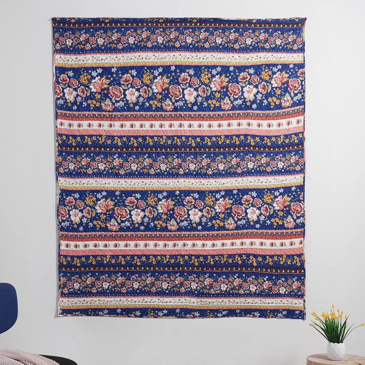 Cotton-Rich Reversible Throw Blanket Blue Pink White Border Floral Striped - Diamond Home USA