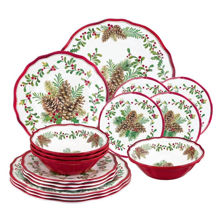 16-Piece Pinecones Dinnerware et Red Holiday Casual Round 16 Piece Dishwasher