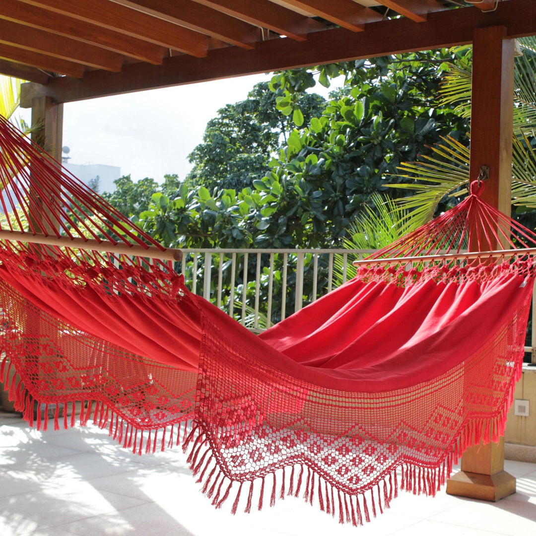 NOVICA Bright Red Cotton Fabric 1 Person Brazili Hammock with Spreader Bars - Diamond Home USA