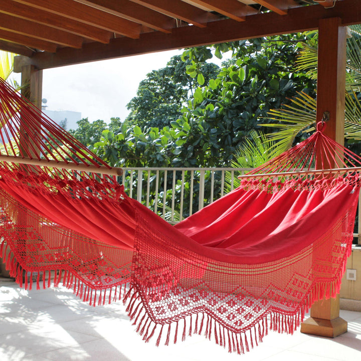 NOVICA Bright Red Cotton Fabric 1 Person Brazili Hammock with Spreader Bars - Diamond Home USA