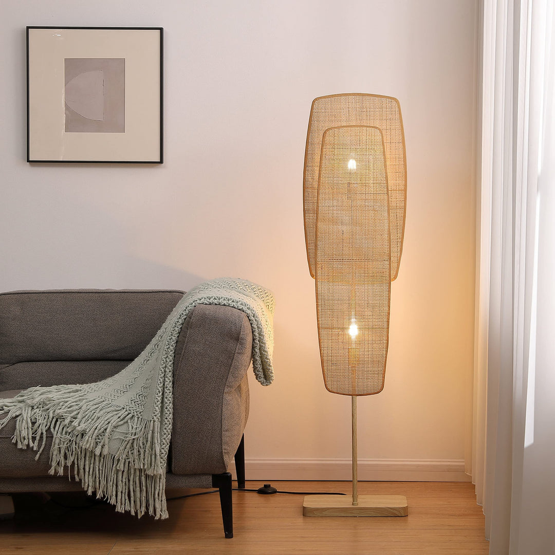 Floor Lamp 2-Light with Bamboo Wicker Panels Wood Finish Beige Bohemian Eclectic - Diamond Home USA