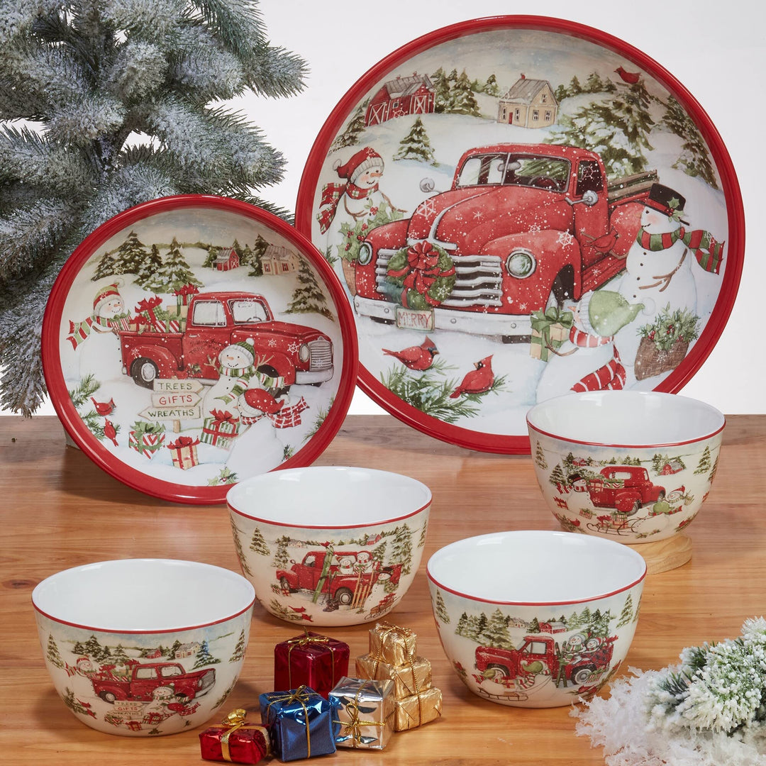Red Truck Snowman 10.25" Dinner Plates Set Of 4 Multi Color White Holiday Casual - Diamond Home USA