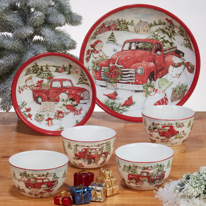 Red Truck Snowman 10.25" Dinner Plates Set Of 4 Multi Color White Holiday Casual - Diamond Home USA