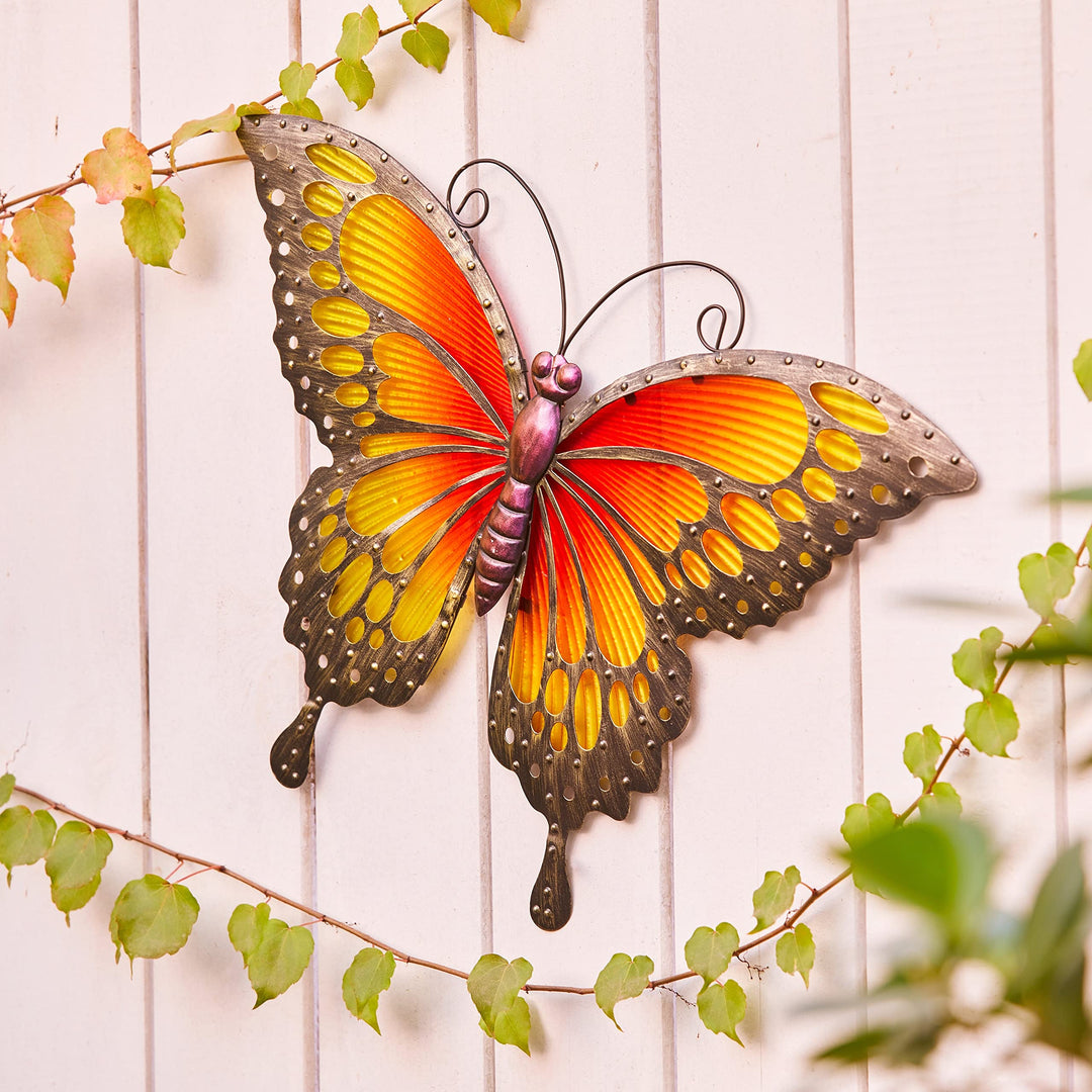Orange/Yellow Butterfly Metal and Glass Outdoor Wall Black Orange Yellow Cabin