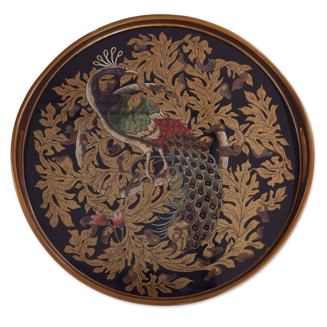 Mystic Peacock in Gold Reverse-Painted Glass Tray Multi Color Wood 1 Piece