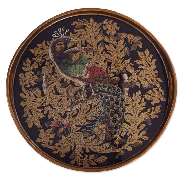 Mystic Peacock in Gold Reverse-Painted Glass Tray Multi Color Wood 1 Piece