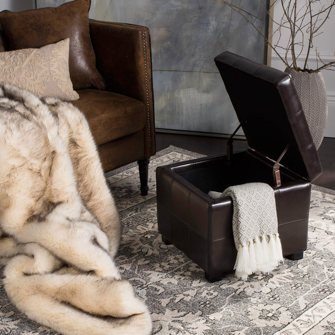 Square Storage Tufted Brown Leather Ottoman Transitional Solid Upholstered