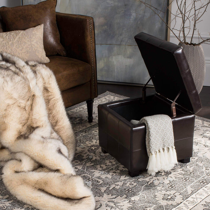 Square Storage Tufted Brown Leather Ottoman Transitional Solid Upholstered