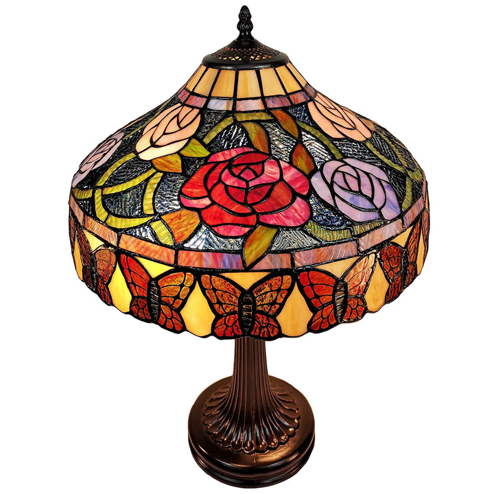 Tiffany Style Table Lamp Banker 23" Tall Stained Glass Red Green Tan Floral - Diamond Home USA