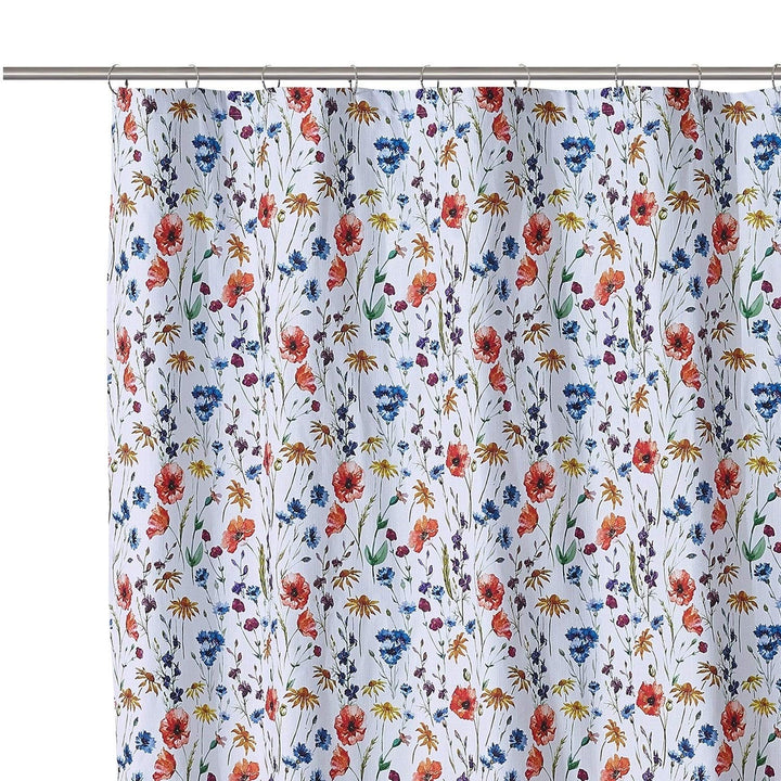 Poppy Shower Curtain White Floral Modern Contemporary Cotton Blend - Diamond Home USA