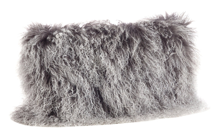 SARO LIFESTYLE 100% Wool Mongolian Lamb Fur Throw Pillow with Poly Filling 12" x 12"x20" - Charcoal
