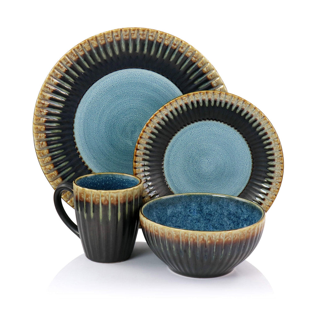 16 Piece Round Stoneware Dinnerware Set In Multi Color Blue Solid Casual - Diamond Home USA