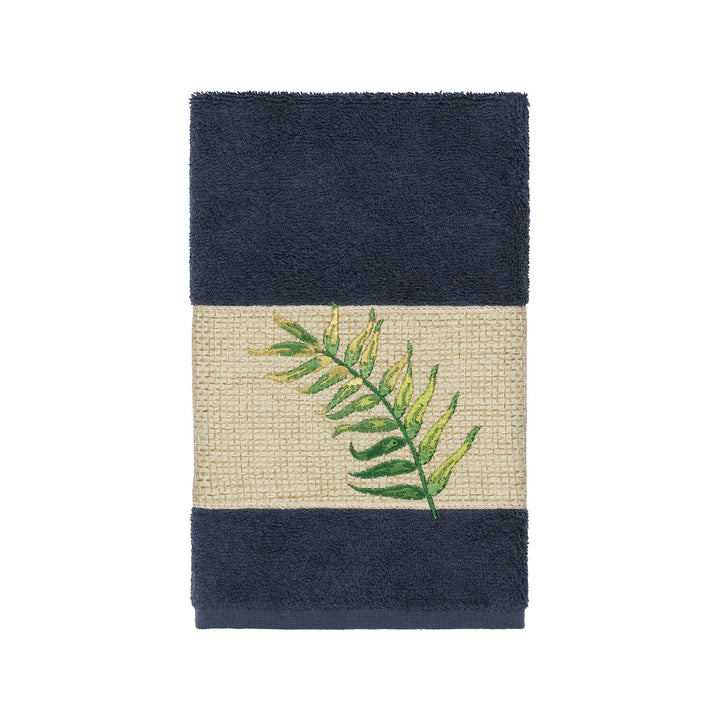 Turkish Cotton Palm Fronds Embroidered Midnight Blue Hand Towel Terry Cloth