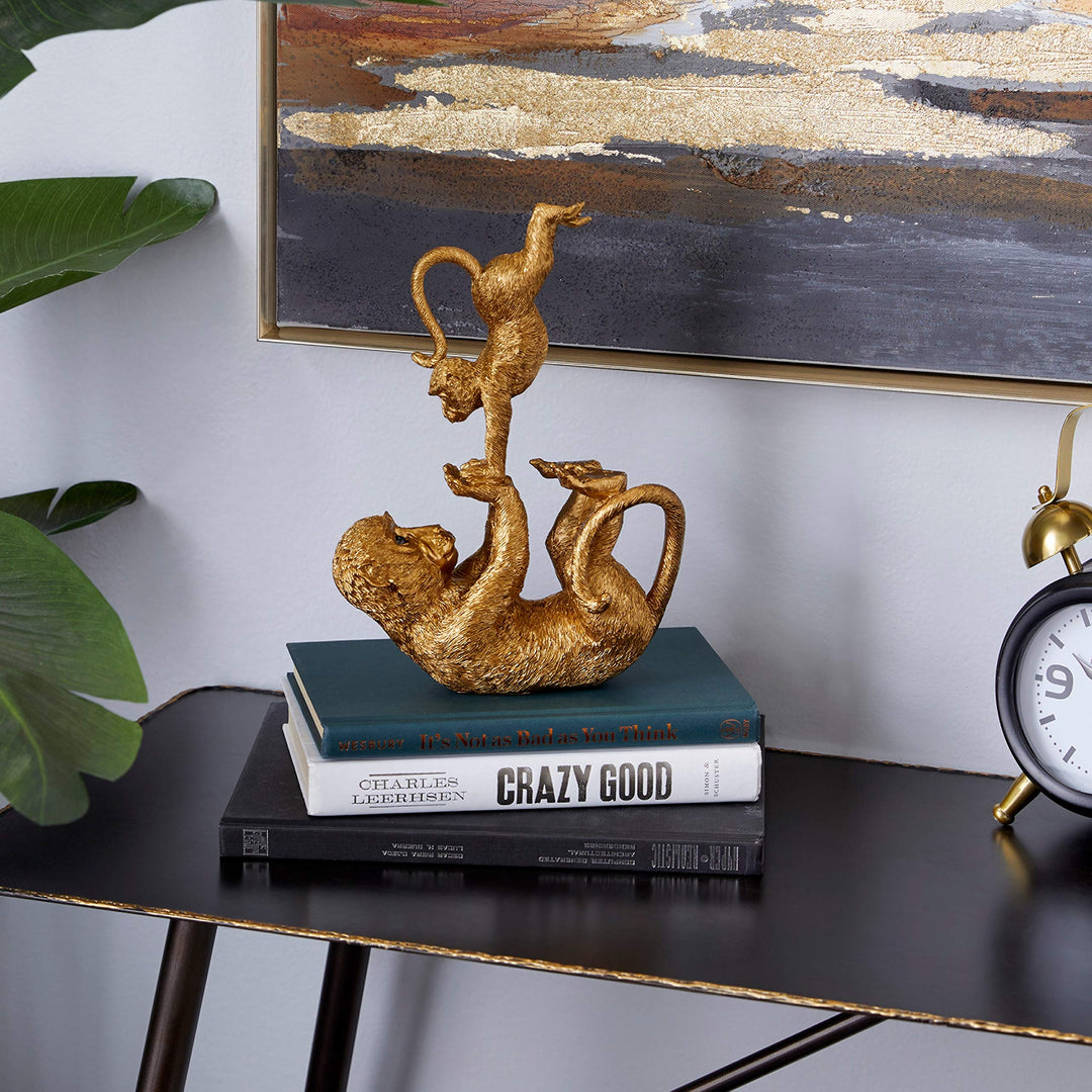 Gold Resin Eclectic Monkey Sculpture 11 X 8 3 in Yellow Metal