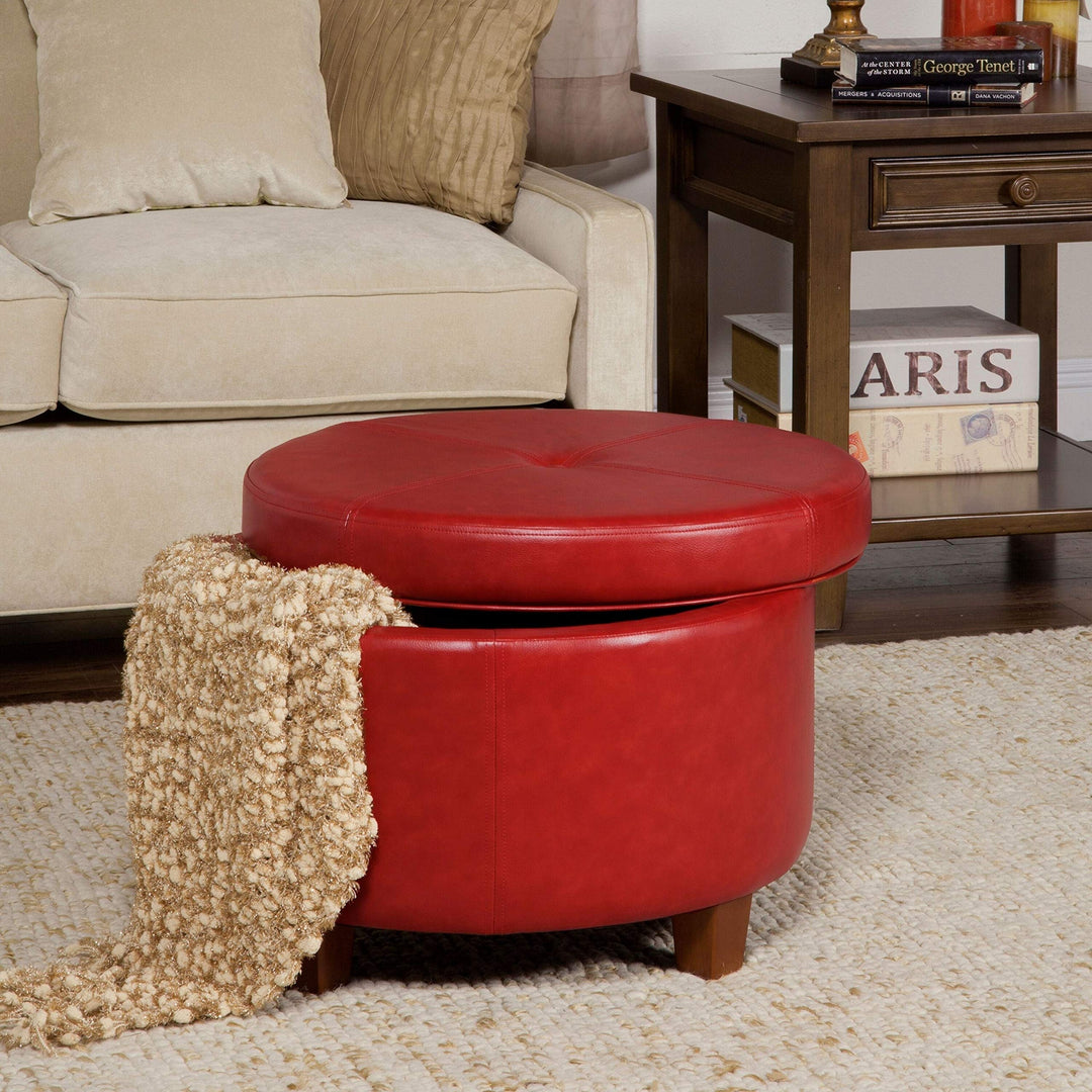 Cinnamon Red Faux Leather Round Storage Ottoman Solid Modern Contemporary - Diamond Home USA
