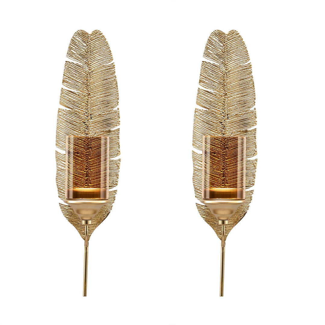 17 inches Gold Feather Wall Candle Sconces (Set of 2) Metal Medium - Diamond Home USA