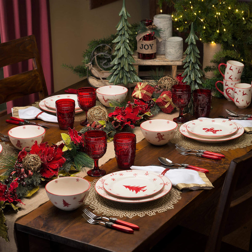 Euro Ceramica Winterfest Christmas Collection 16 Piece Set Red and White - Diamond Home USA