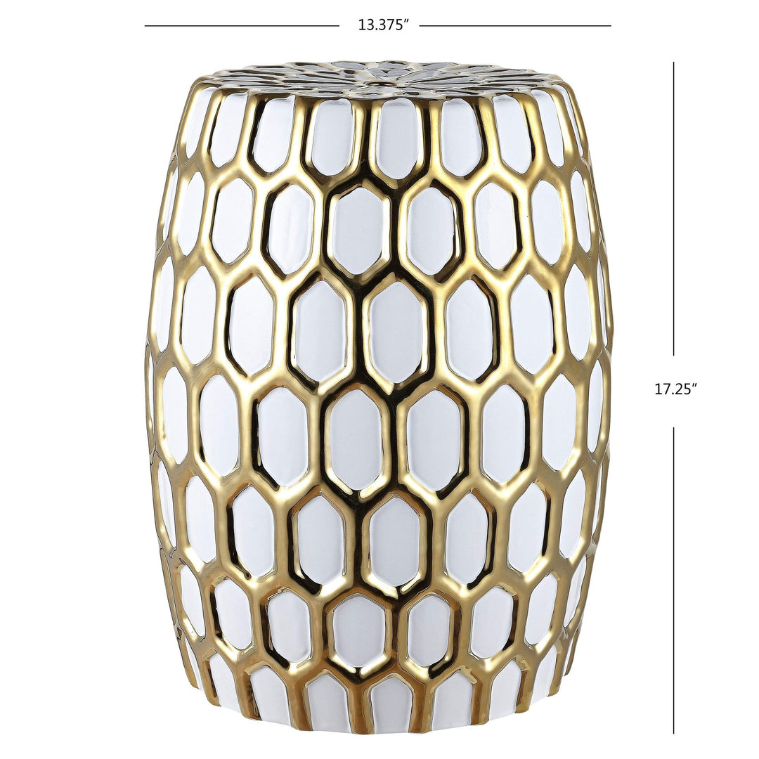 Honeycomb Ceramic Decorative Garden Stool Gold White Modern Contemporary Glossy - Diamond Home USA