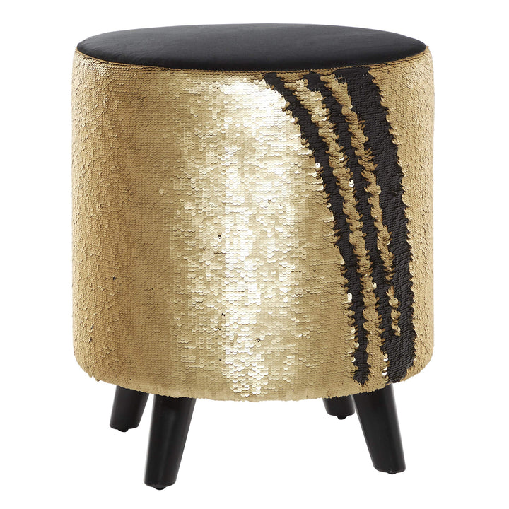 Polyester Gold and Black Sequin Accent Stool with Wooden Legs 16" X 17" 16 X