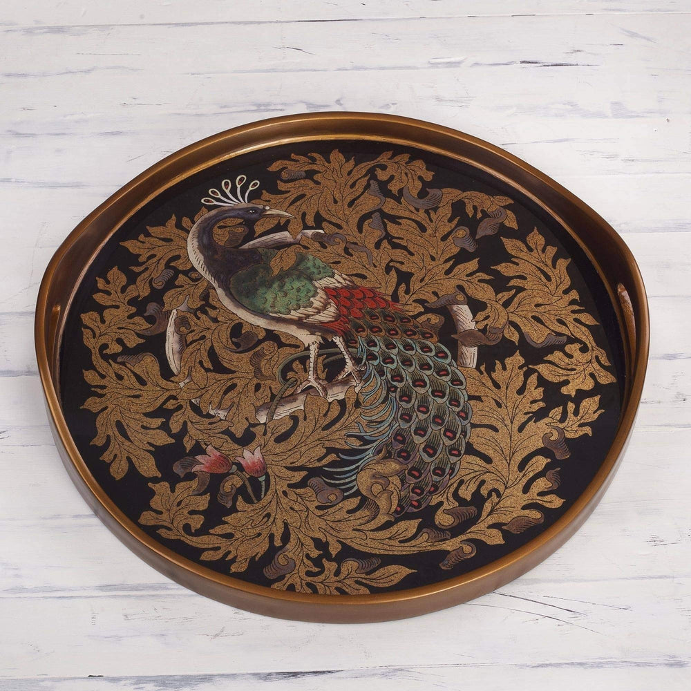Mystic Peacock in Gold Reverse-Painted Glass Tray Multi Color Wood 1 Piece - Diamond Home USA