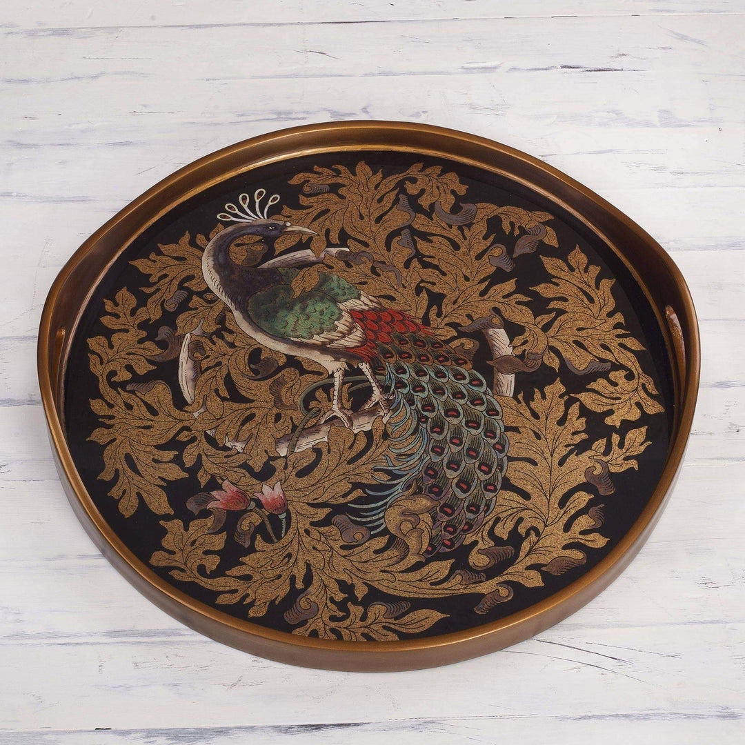 Mystic Peacock in Gold Reverse-Painted Glass Tray Multi Color Wood 1 Piece - Diamond Home USA